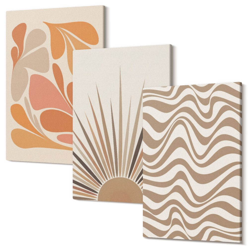 Zestaw obrazów 3 części tryptyk Słońce boho pastelowe abstrakcyjne kształty