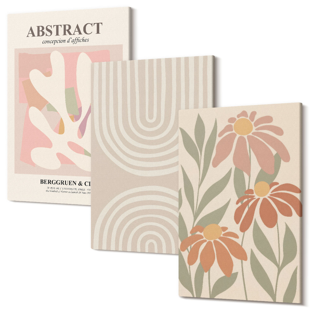 Zestaw obrazów tryptyk na ścianę Abstrakcyjne kształty z roślinnymi motywami w pastelach