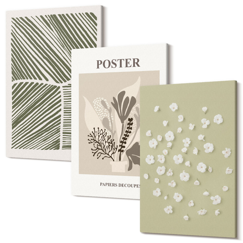 Zestaw obrazów tryptyk na ścianę Roślinne motywy w stonowanych kolorach i wzorach