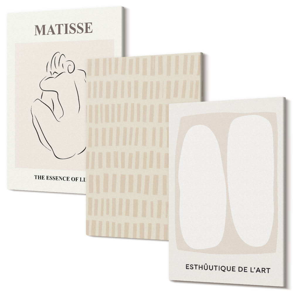 Zestaw obrazów tryptyk na ścianę Linie i kształty w odcieniach beżu i bieli