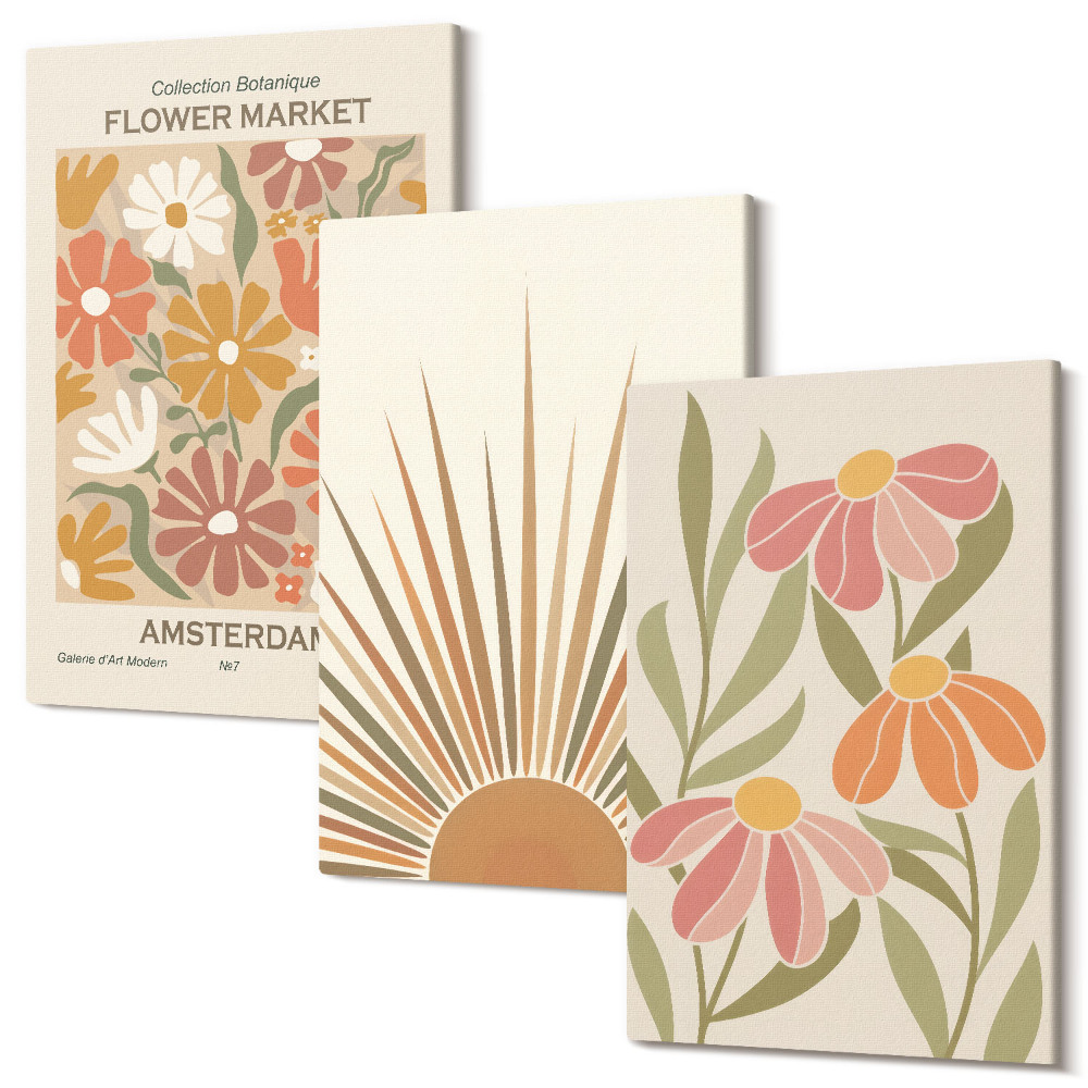 Zestaw obrazów 3 części tryptyk Kwiaty w pastelowych kolorach z promieniami słońca
