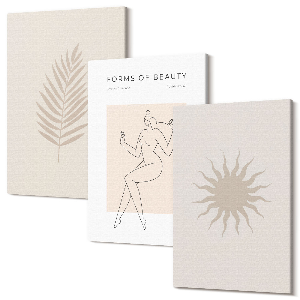 Zestaw obrazów tryptyk na ścianę Kolekcja minimalistycznych form i naturalnych kształtów