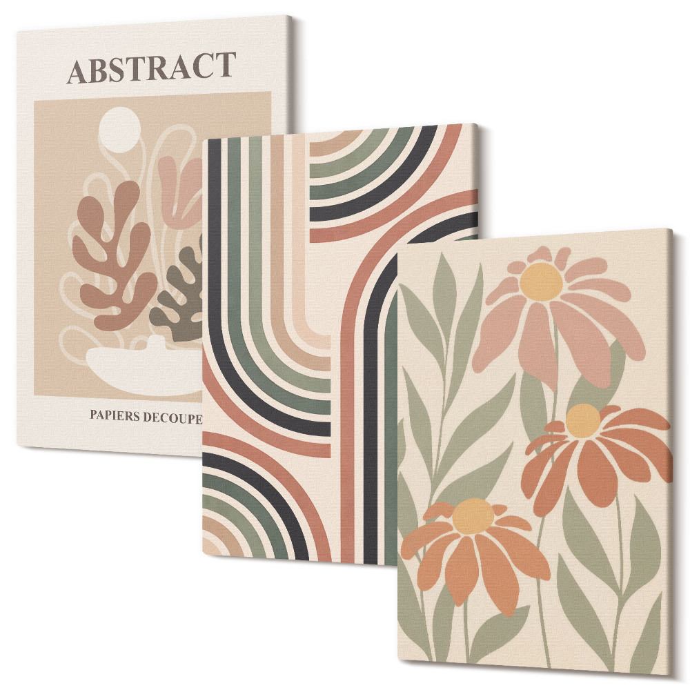 Zestaw obrazów na płótnie tryptyk Abstrakcyjne rośliny i wzory w pastelowych kolorach