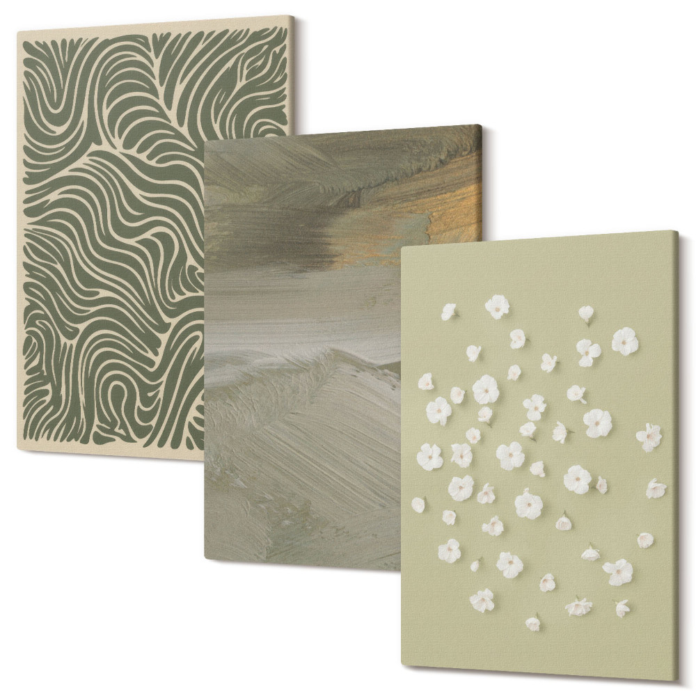 Zestaw obrazów na płótnie tryptyk Wzory faliste i abstrakcyjne z kwiatami boho