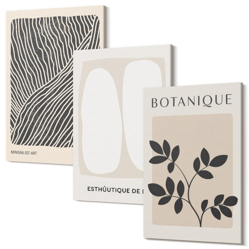 Zestaw obrazów na płótnie tryptyk Wzory roślinne i minimalistyczne linie w neutralnych kolorach