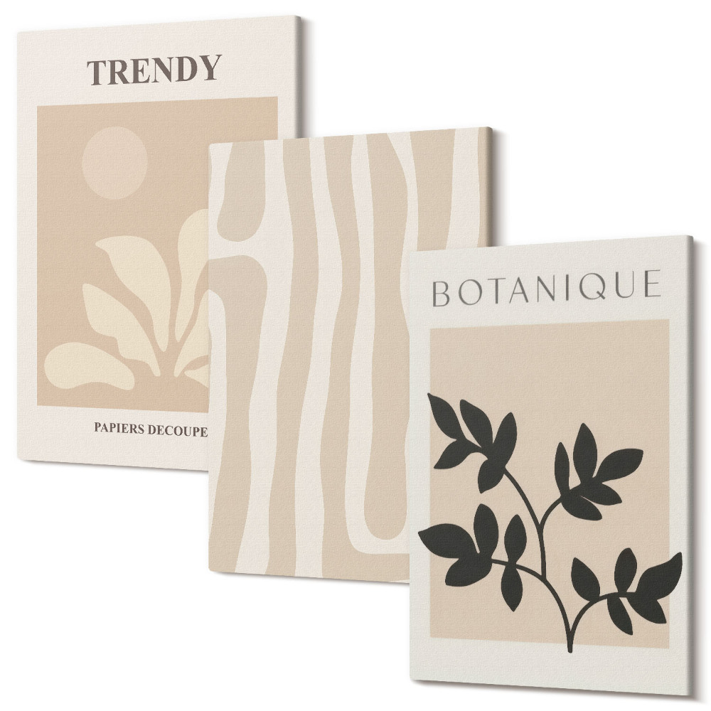 Zestaw obrazów tryptyk na ścianę Stylowe wzory roślinne w odcieniach beżu i czerni