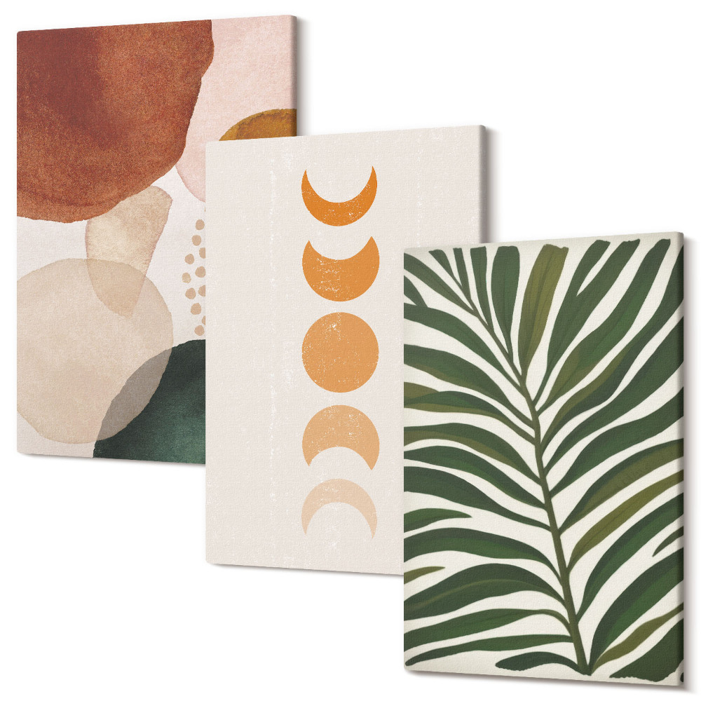 Zestaw obrazów 3 części tryptyk Abstrakcyjne kształty w ciepłych kolorach i liście