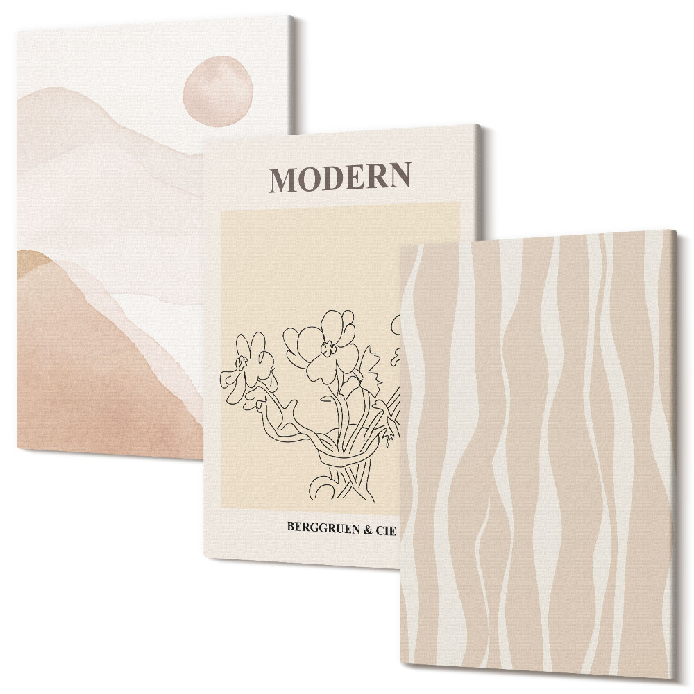 Zestaw obrazów na płótnie tryptyk Abstrakcyjne kształty w stonowanej kolorystyce