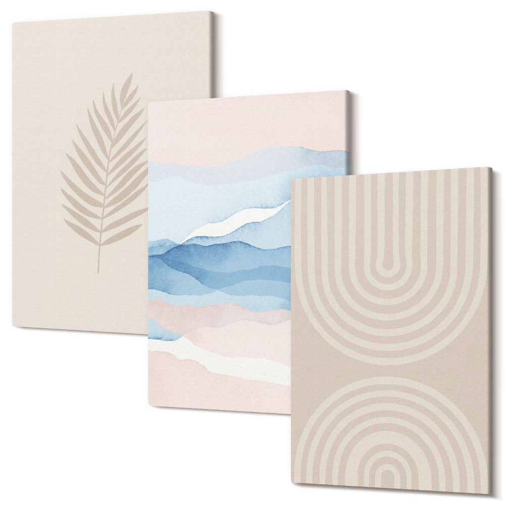 Zestaw obrazów 3 części tryptyk Liście i fale w odcieniach beżu i niebieskiego