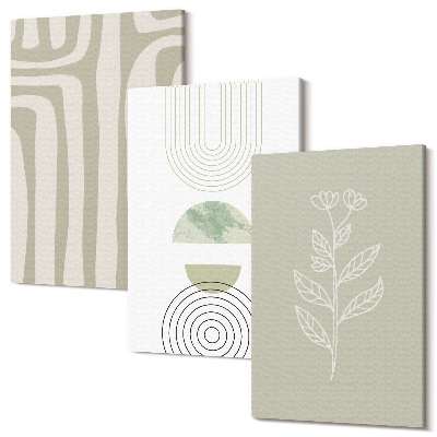 Zestaw obrazów tryptyk na ścianę Wzory geometryczne z roślinnymi akcentami w odcieniach zieleni
