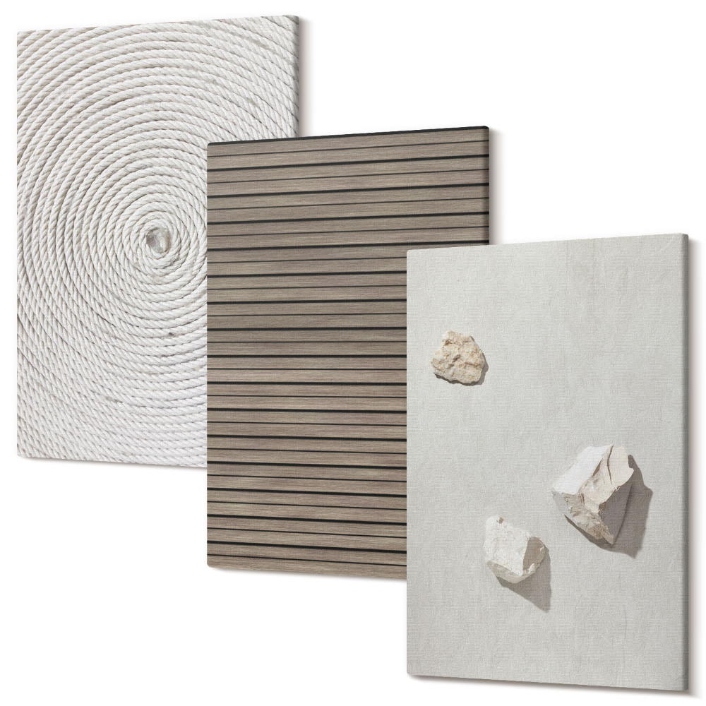 Zestaw obrazów 3 części tryptyk Naturalne tekstury drewno kamienie sznur