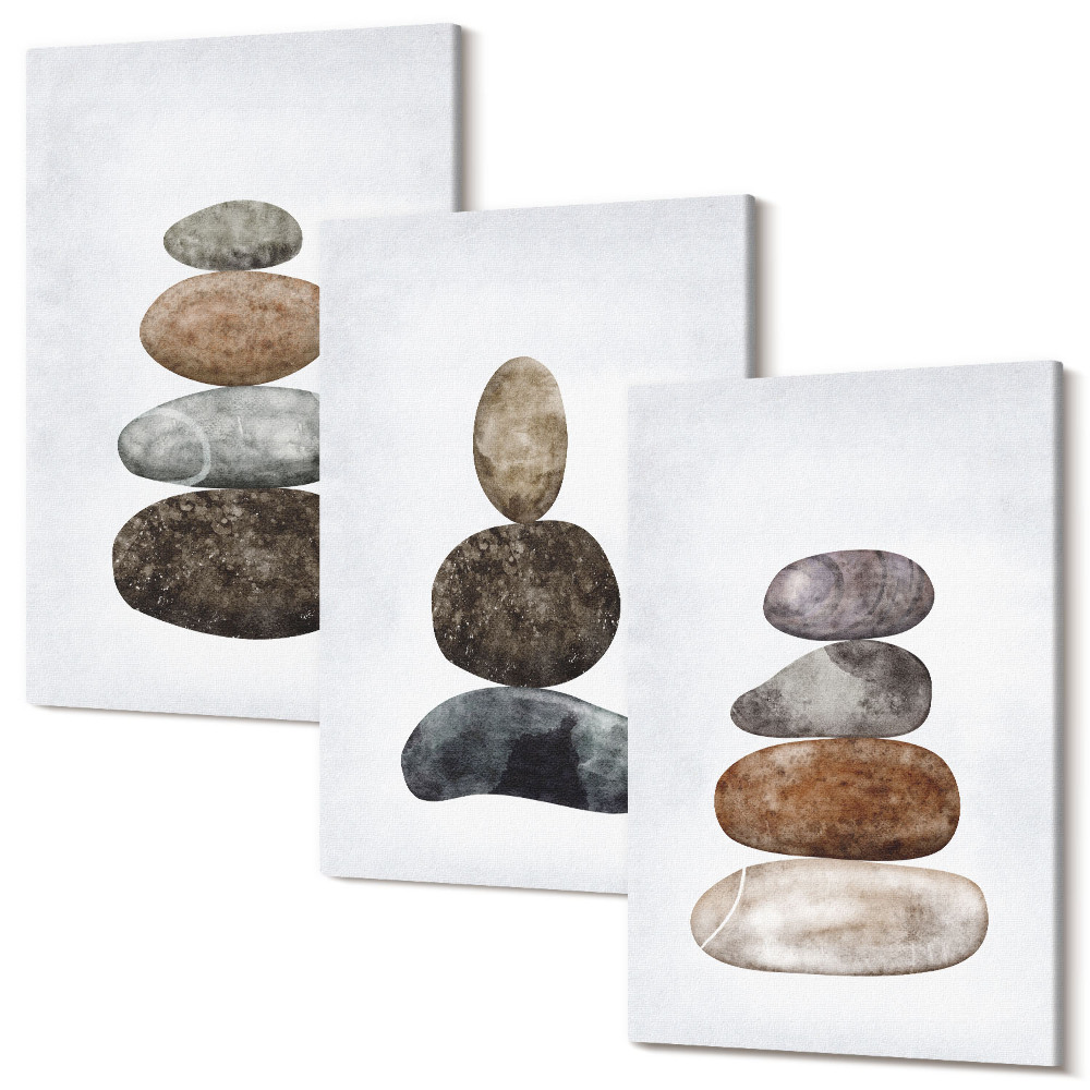 Zestaw obrazów tryptyk na ścianę Stosy kamieni minimalistyczne malarstwo boho
