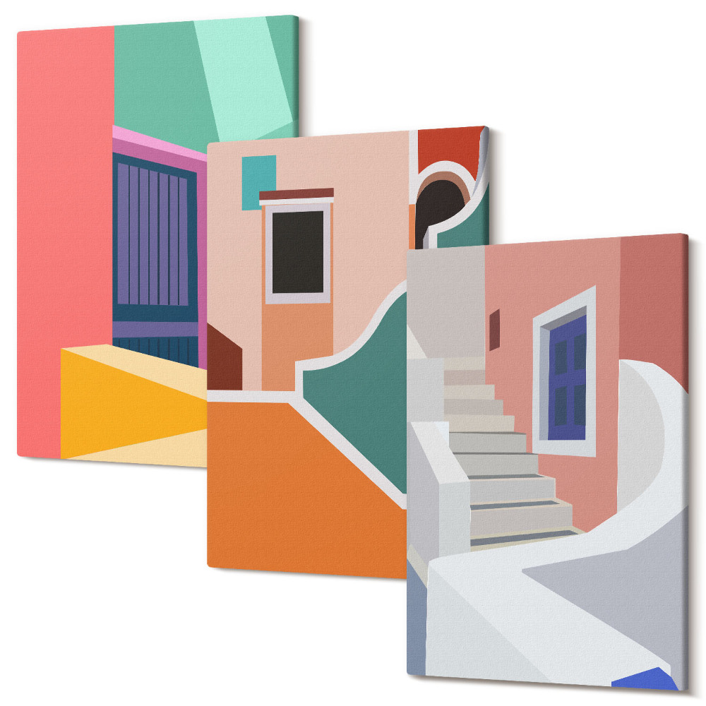 Zestaw obrazów na płótnie tryptyk Kolorowe ilustracje budynków w stylu nowoczesnym