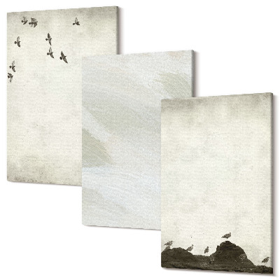 Zestaw obrazów 3 części tryptyk Ptaki skały i ślady pędzla minimalistyczne dekoracje
