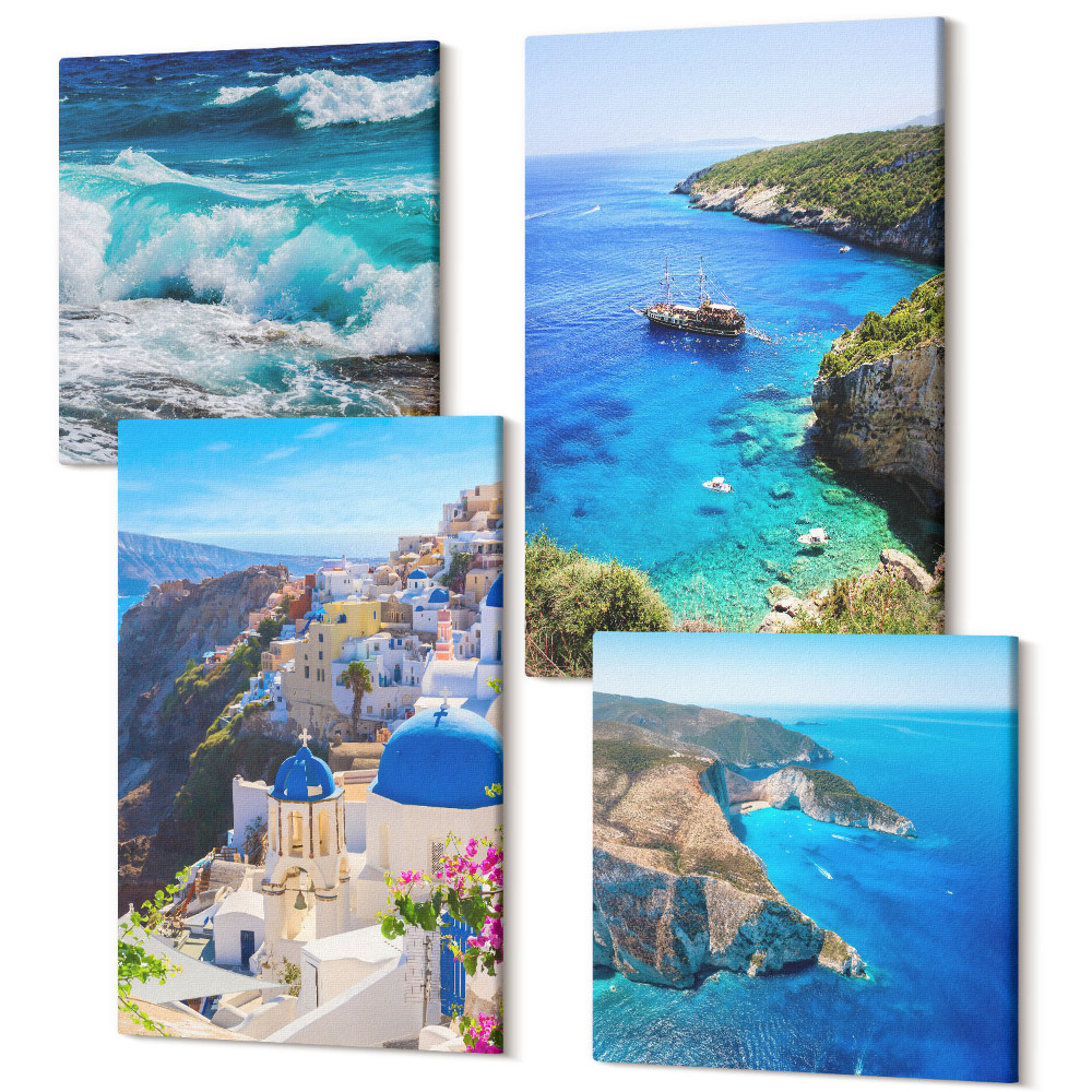 Zestaw obrazów 4 części kwadryptyk Greckimi nadmorskie widoki i Santorini miasto Oia