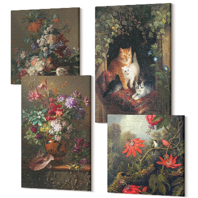 Zestaw obrazów na płótnie kwadryptyk Vintage kwiaty koty i rośliny w naturze