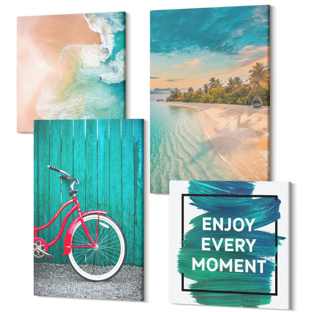 Zestaw obrazów kwadryptyk na ścianę Widok na morze z łodzią rower inspirujący napis
