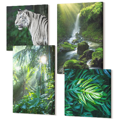 Zestaw obrazów na płótnie kwadryptyk Dżungla z białym tygrysem i dzikim wodospadem