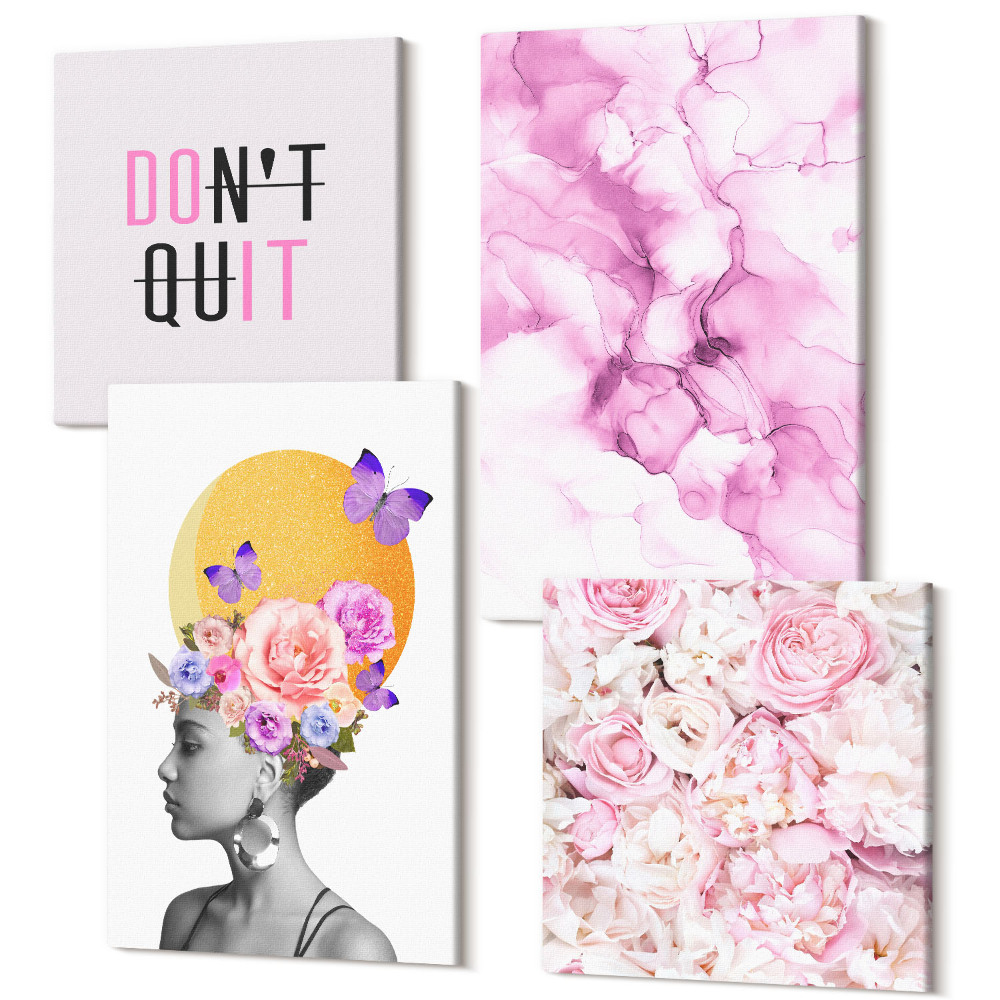 Zestaw obrazów 4 części kwadryptyk Inspirujący napis kwiaty abstrakcja portret kobiety