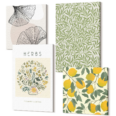 Zestaw obrazów kwadryptyk na ścianę Motywy cytrynowe z ziołami i liśćmi roślinnych