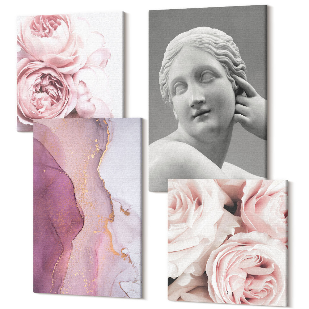 Zestaw obrazów na płótnie kwadryptyk Romantyczne piwonie rzeźba kobiety abstrakcja