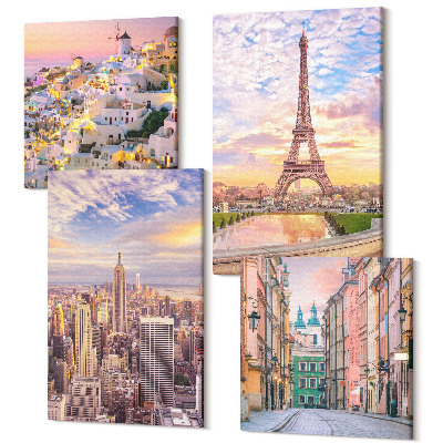 Zestaw obrazów kwadryptyk na ścianę Nowy Jork Paryż Oia Warszawa o zmierzchu słońca