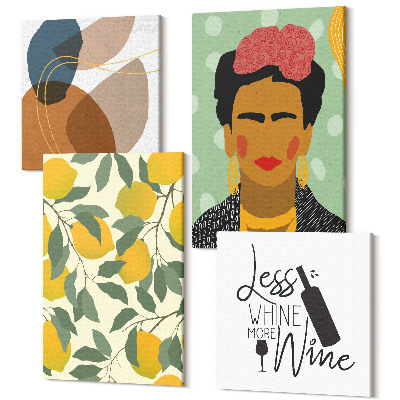 Zestaw obrazów kwadryptyk na ścianę Cytryny butelka wina portret Fridy Kahlo