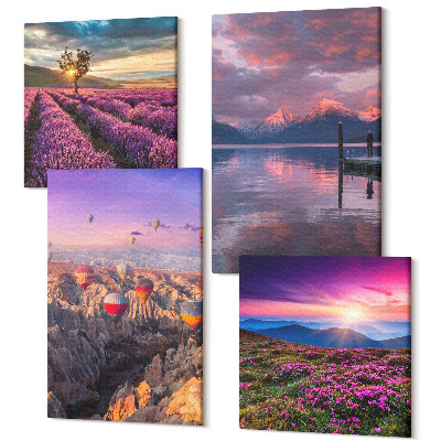 Zestaw obrazów 4 części kwadryptyk Krajobraz z lawendowymi polami i zachodem słońca