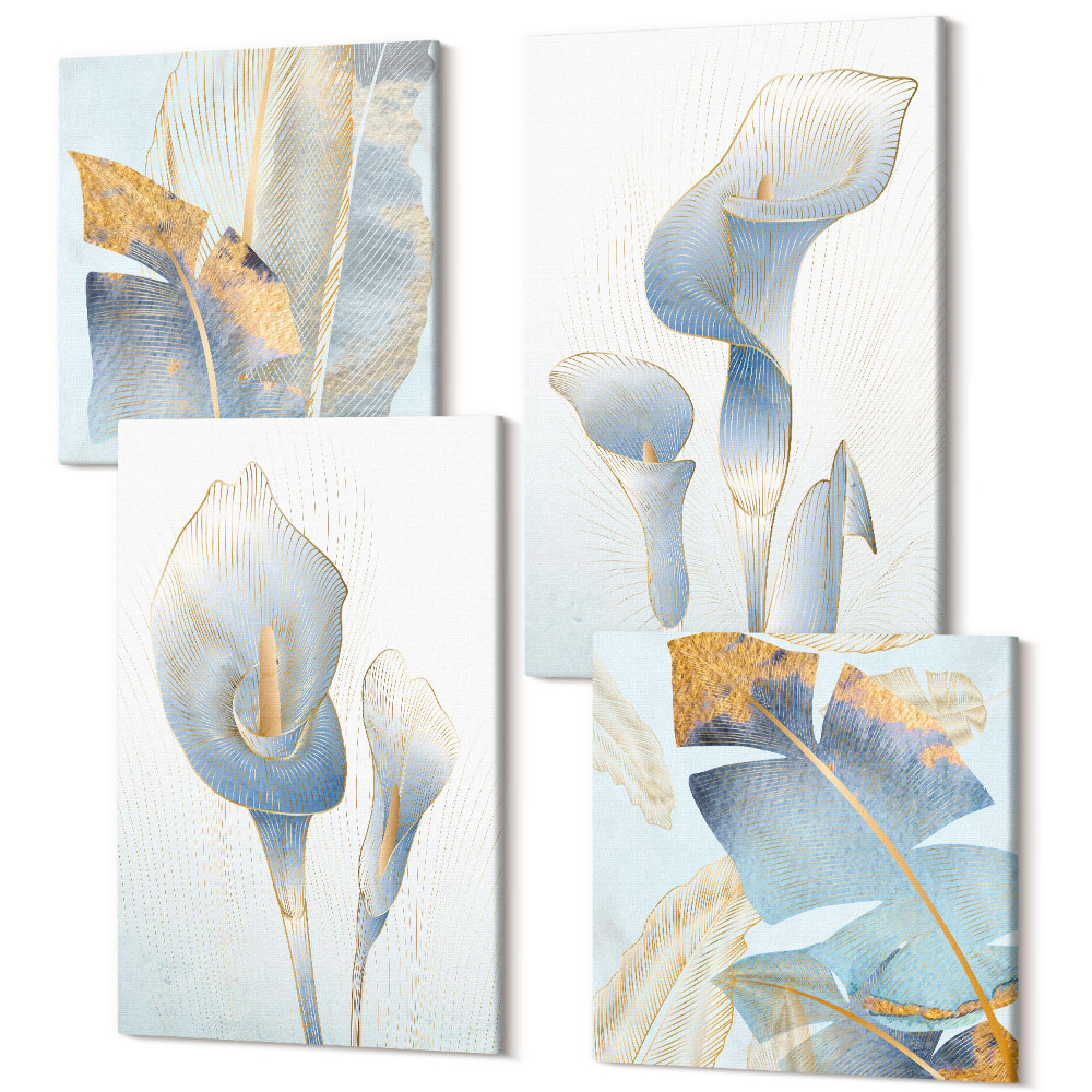 Zestaw obrazów 4 części kwadryptyk Delikatne błękitne kwiaty i liście na jasnym tle