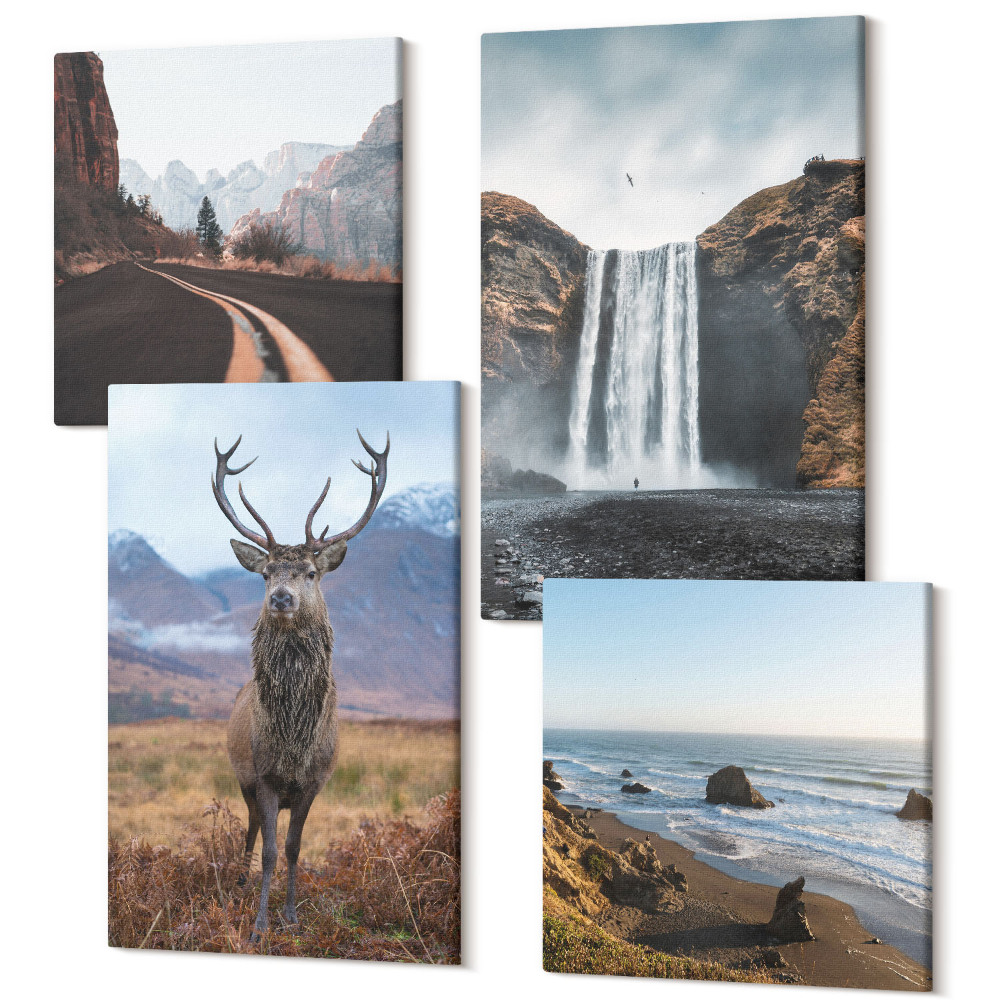 Zestaw obrazów 4 części kwadryptyk Krajobrazy górskie z wodospadem jeleniem i plażą