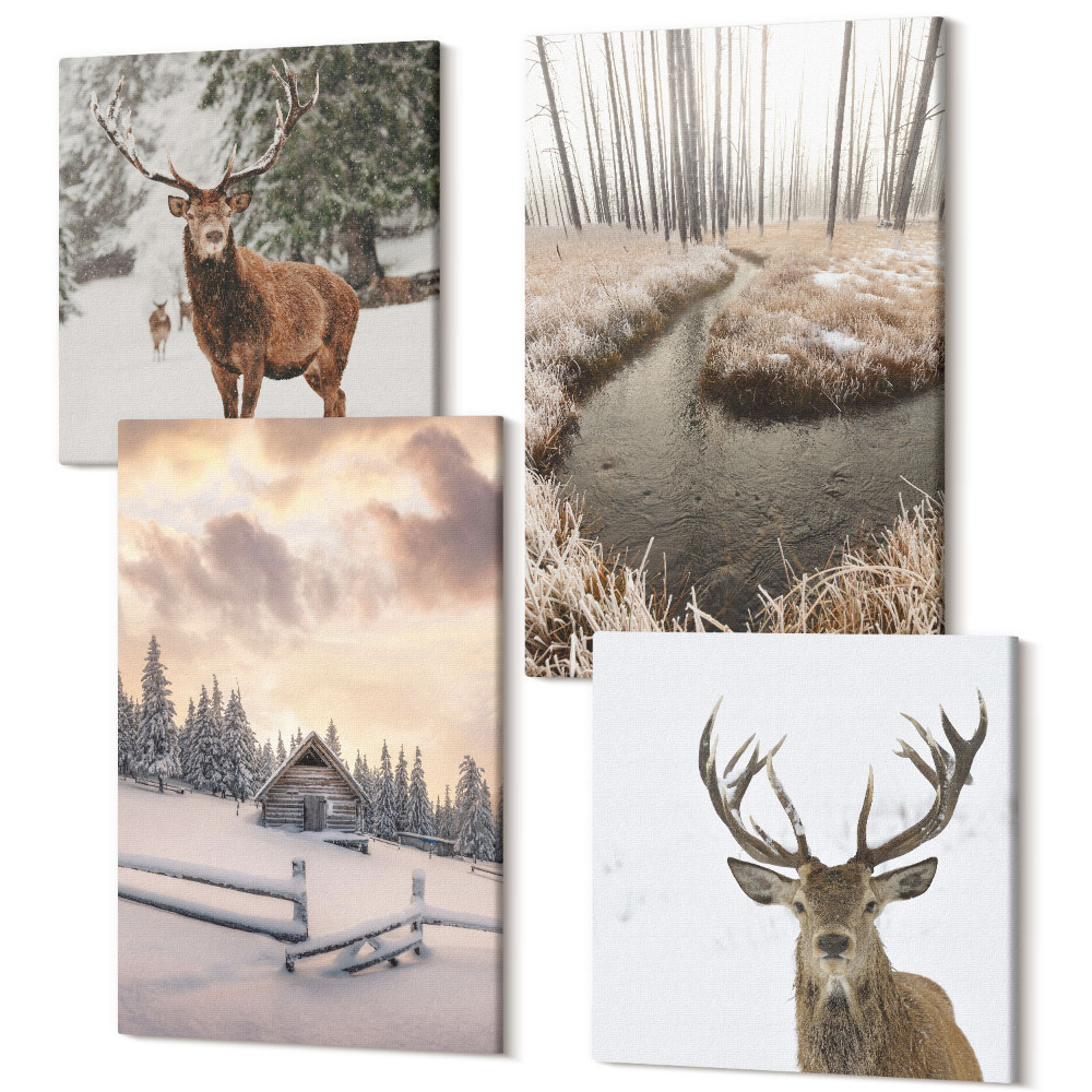 Zestaw obrazów kwadryptyk na ścianę Zimowy krajobraz z jeleniem chatą i strumieniem