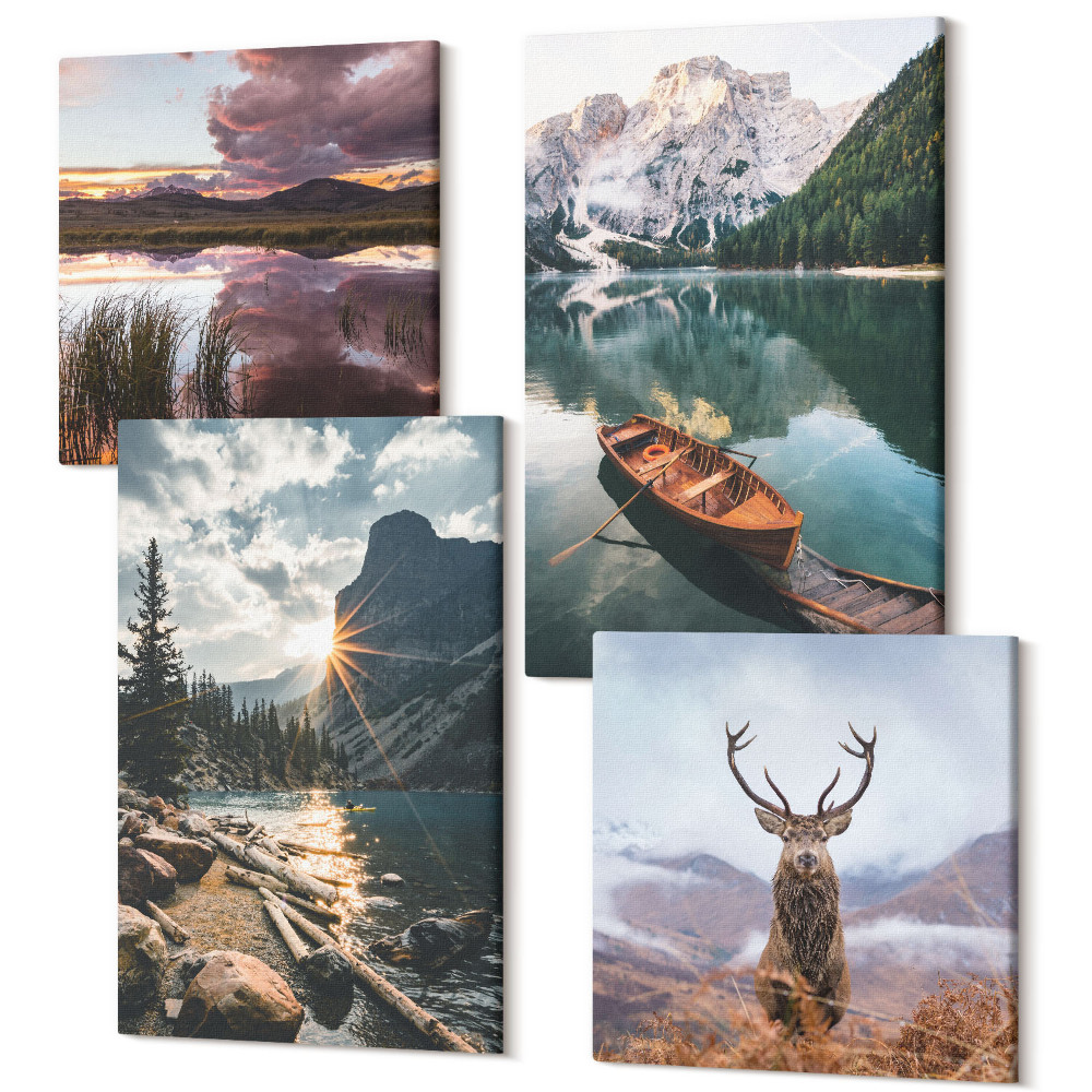 Zestaw obrazów 4 części kwadryptyk Górskie jezioro łódź zachód słońca jeleń w naturze
