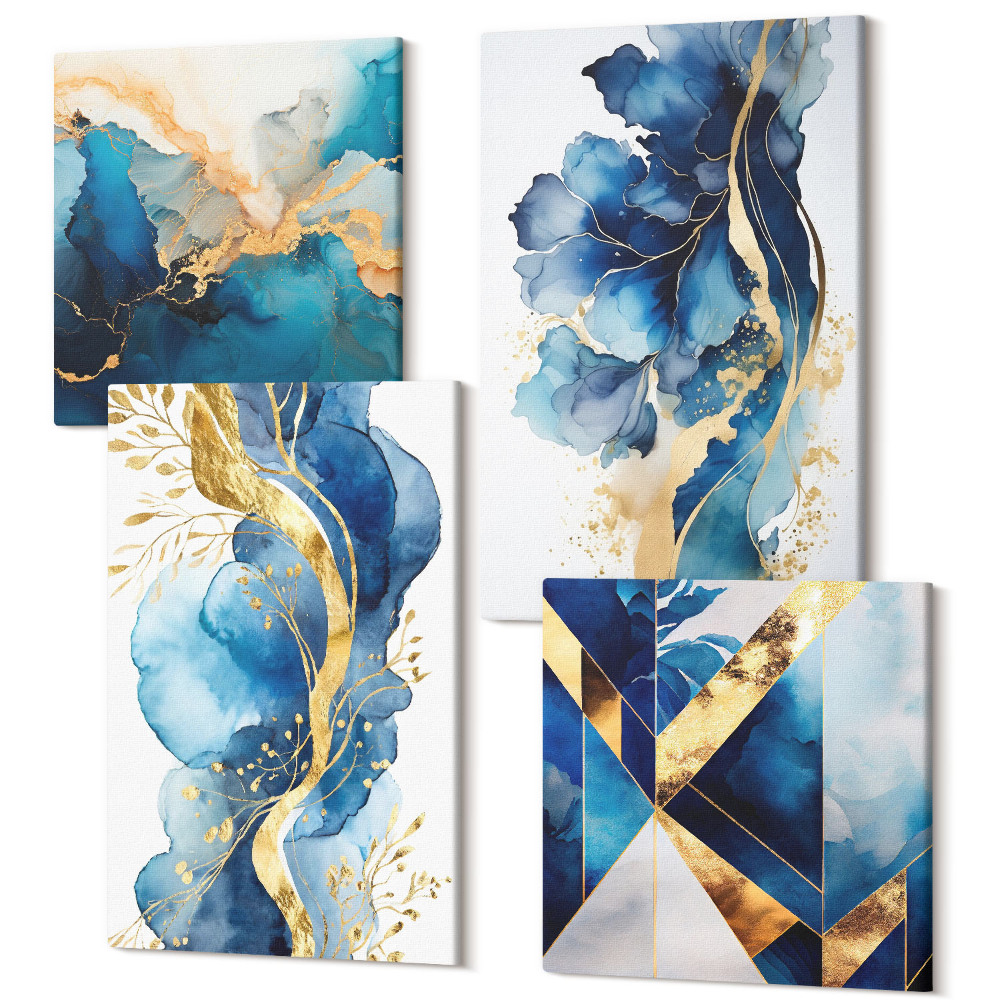 Zestaw obrazów kwadryptyk na ścianę Niebieskie abstrakcyjne wzory z delikatnymi akcentami