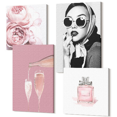 Zestaw obrazów 4 części kwadryptyk Stylowe kobiece akcesoria w odcieniach różu