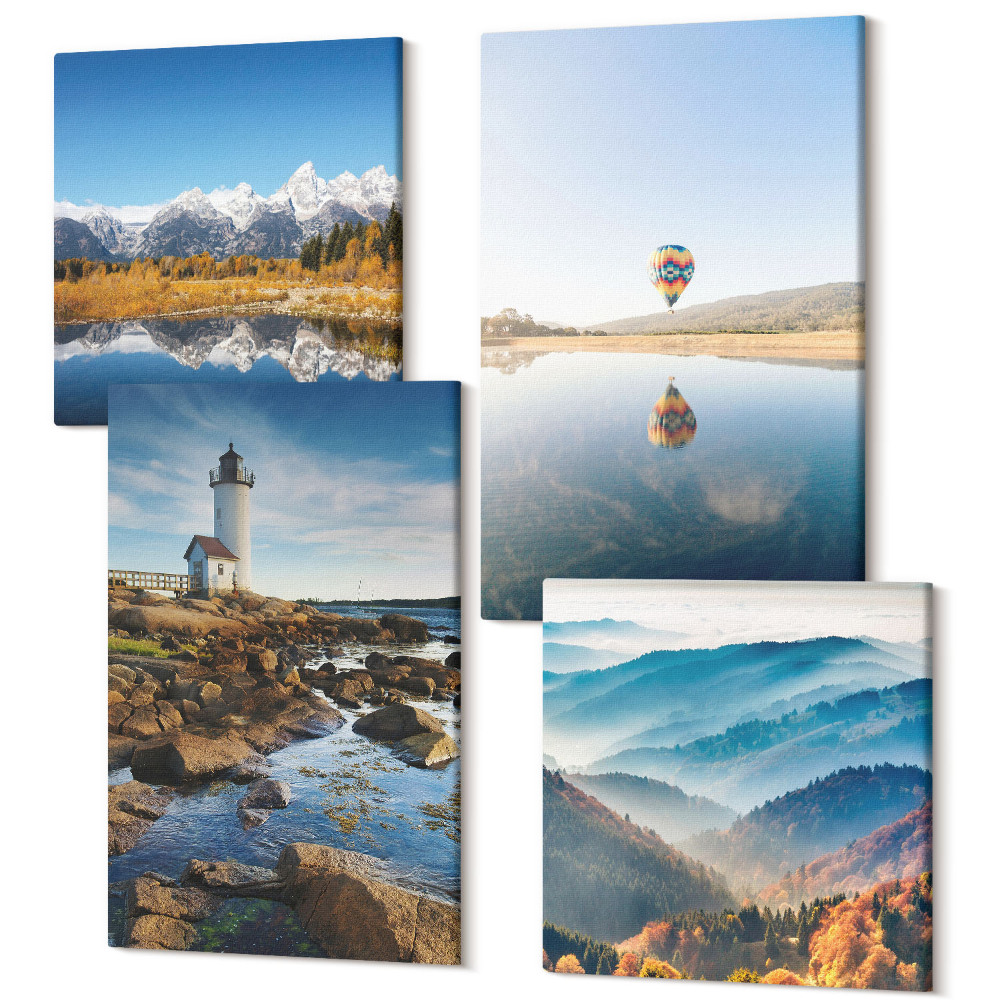 Zestaw obrazów kwadryptyk na ścianę Widoki natury z latarnią górami jeziorem i balonem