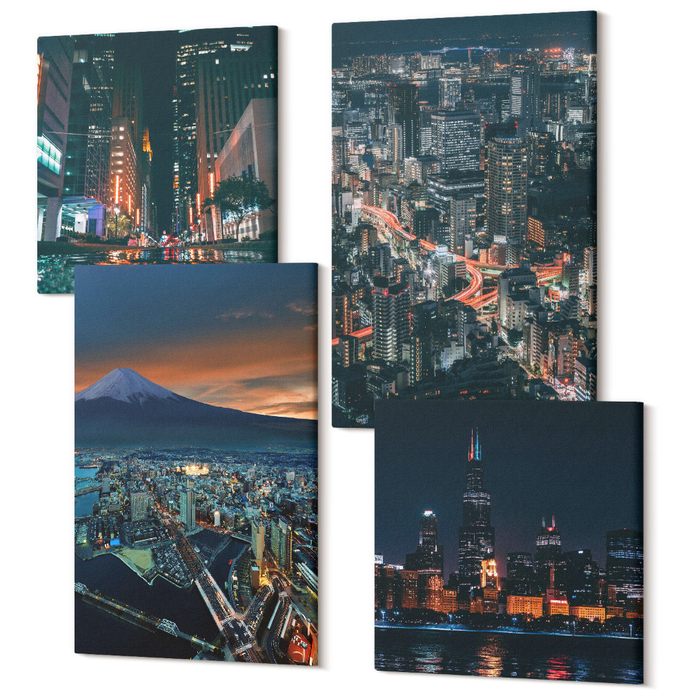 Zestaw obrazów na płótnie kwadryptyk Widok górski miasta w nocy z wieżowcami