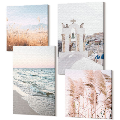 Zestaw obrazów 4 części kwadryptyk Rośliny nadmorskie fale morza widok na białe domy