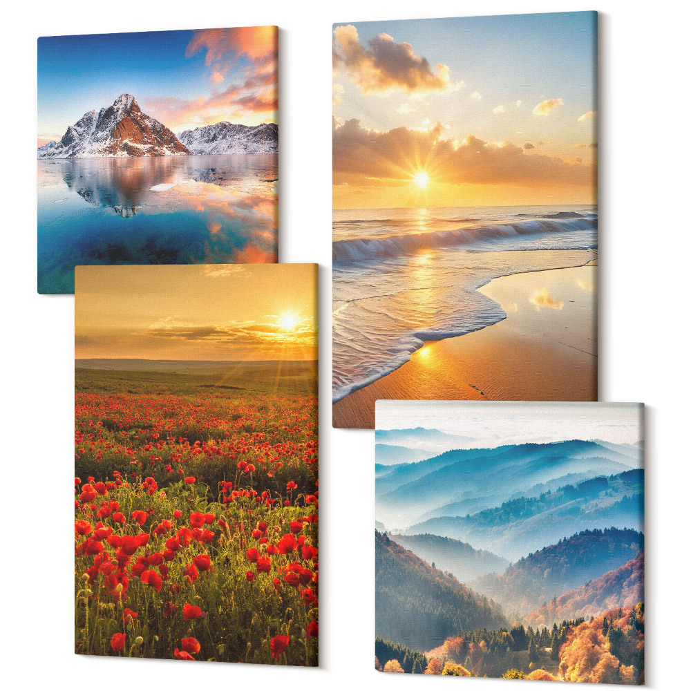 Zestaw obrazów 4 części kwadryptyk Krajobrazy górskie i nadmorskie z zachodem słońca