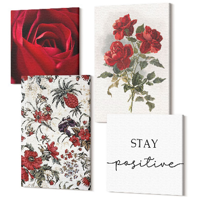 Zestaw obrazów na płótnie kwadryptyk Czerwone kwiaty róże i inspirujący napis