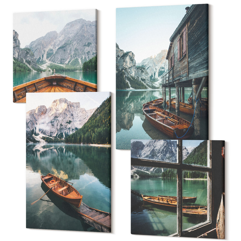 Zestaw obrazów 4 części kwadryptyk Widok górskiego jeziora z łodziami i domem nad wodą