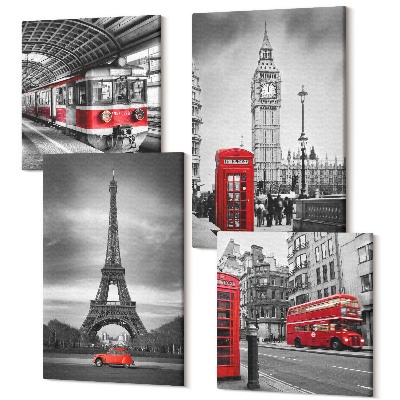 Zestaw obrazów na płótnie kwadryptyk Czerwone autobusy w miejskim krajobrazie