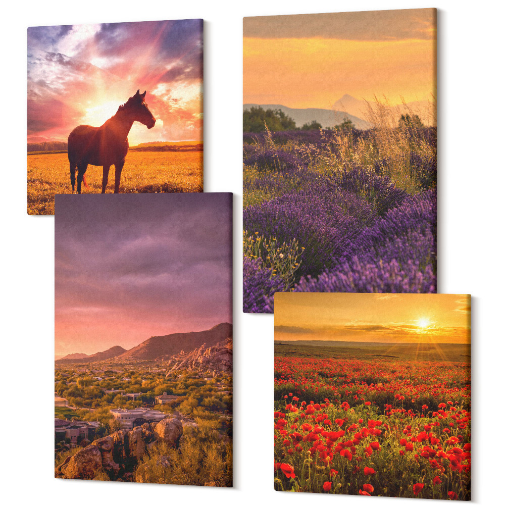 Zestaw obrazów 4 części kwadryptyk Krajobrazy górskie z koniem i polami lawendy