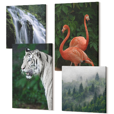 Zestaw obrazów 4 części kwadryptyk Tygrys wodospad i różowe flamingi w naturze