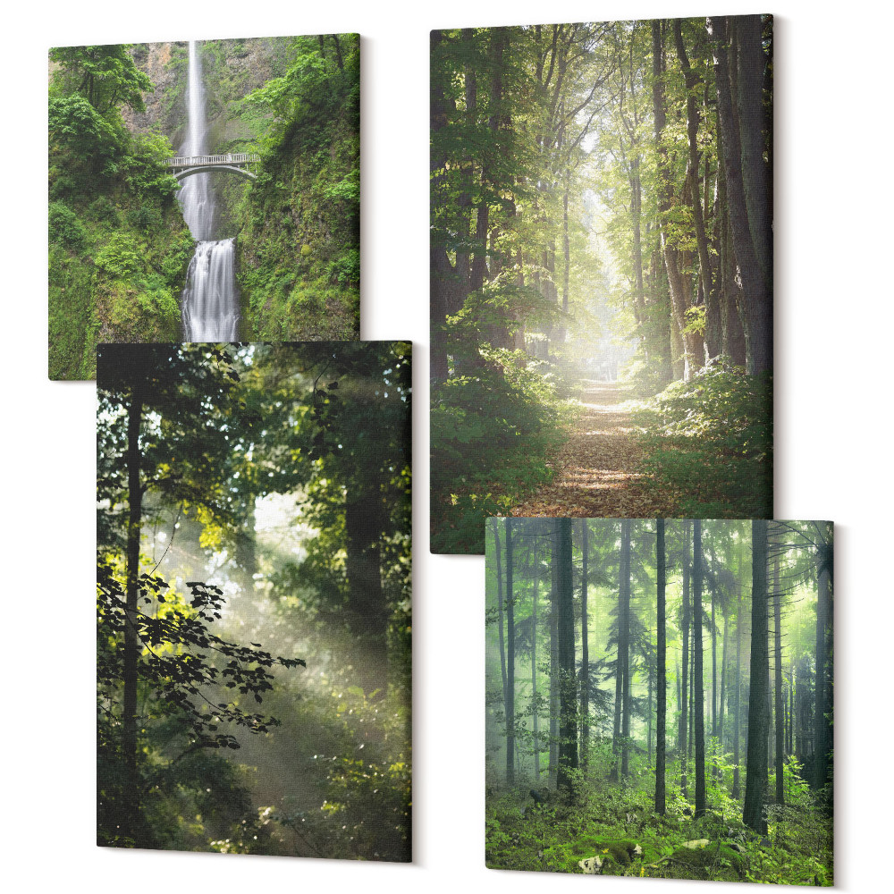 Zestaw obrazów kwadryptyk na ścianę Zielone lasy z promieniami światła i leśną ścieżką