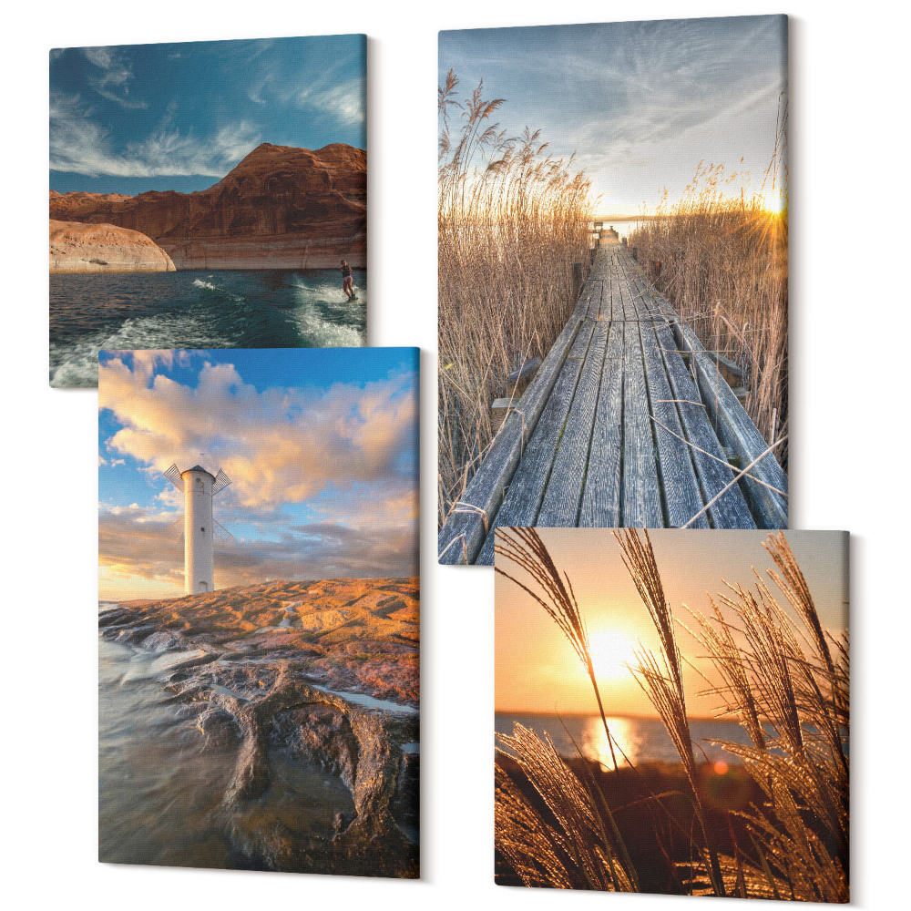 Zestaw obrazów na płótnie kwadryptyk Widok latarni morskiej nad morzem trawa i drewniany pomost