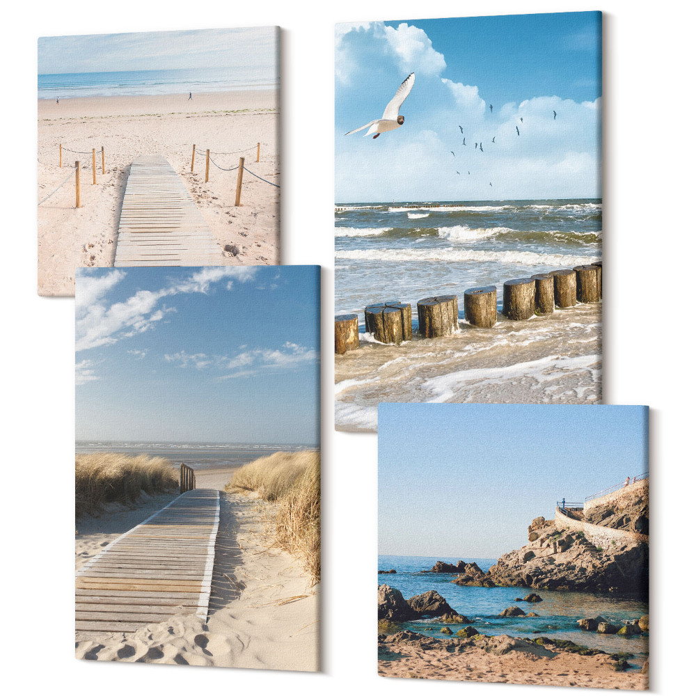 Zestaw obrazów kwadryptyk na ścianę Plaża z piaskiem fale niebo i ptaki w locie