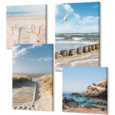 Zestaw obrazów kwadryptyk na ścianę Plaża z piaskiem fale niebo i ptaki w locie