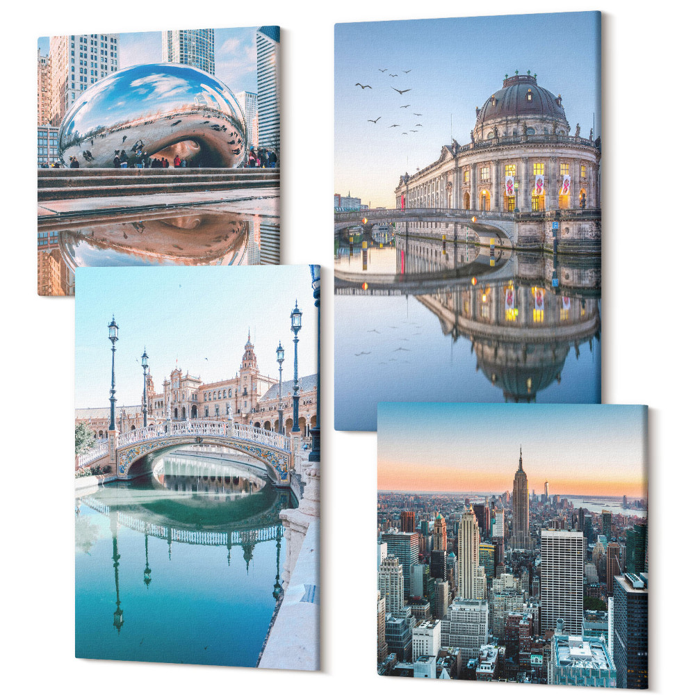 Zestaw obrazów na płótnie kwadryptyk Architektura miast z odbiciem w wodzie