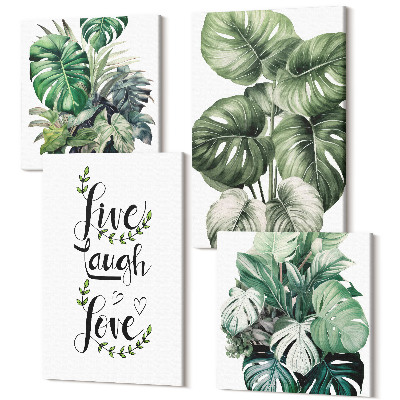 Zestaw obrazów 4 części kwadryptyk Rośliny liściaste z napisem żyj śmiej się kochaj