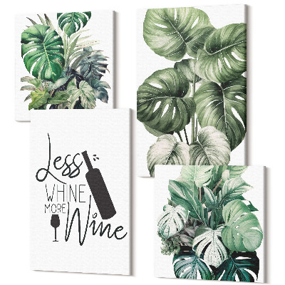 Zestaw obrazów na płótnie kwadryptyk Liście roślin w zielonych odcieniach z napisem o winie